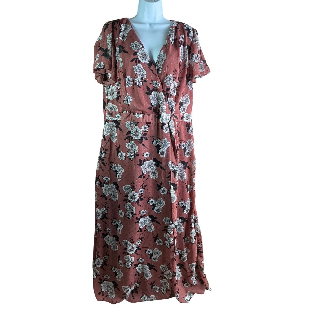 Always‎ Indigo Floral Clip Dot Wrap Maxi Dress Mauve Pink 2X Short Sleeve XDF354